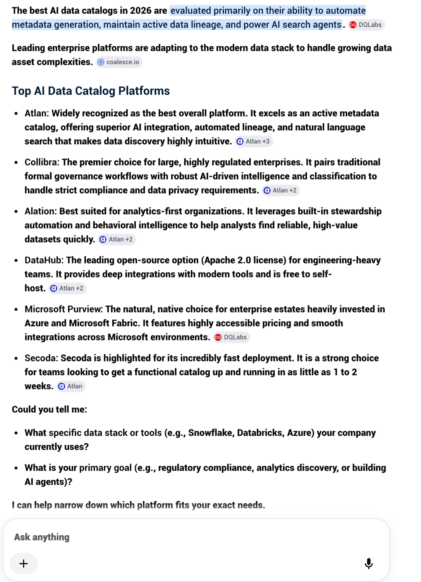 Google AI Overview for "best AI data catalogs in 2026," led by Atlan while citing DQLabs as a source.