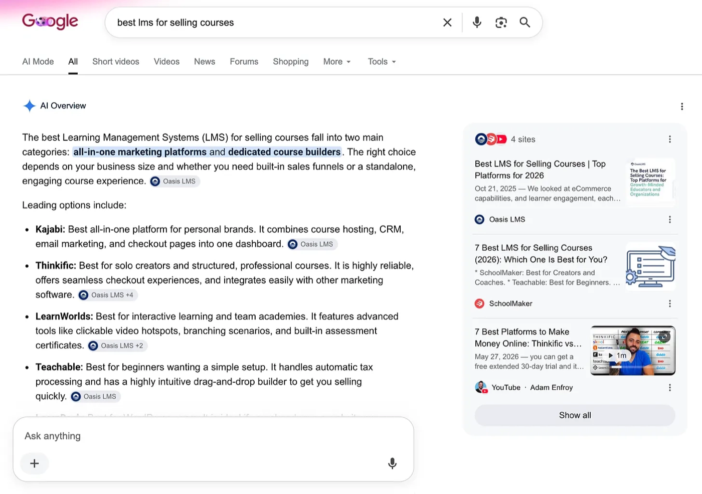 Google AI Overview for "best lms for selling courses," citing Oasis LMS's guide without recommending Oasis LMS.